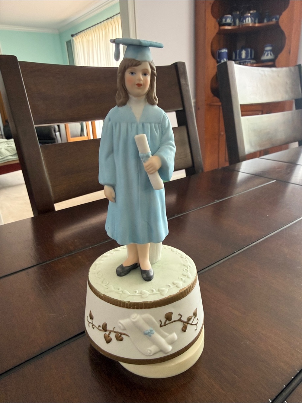 Vintage Schmid Porcelain Graduation Girl Figurine on Music Box